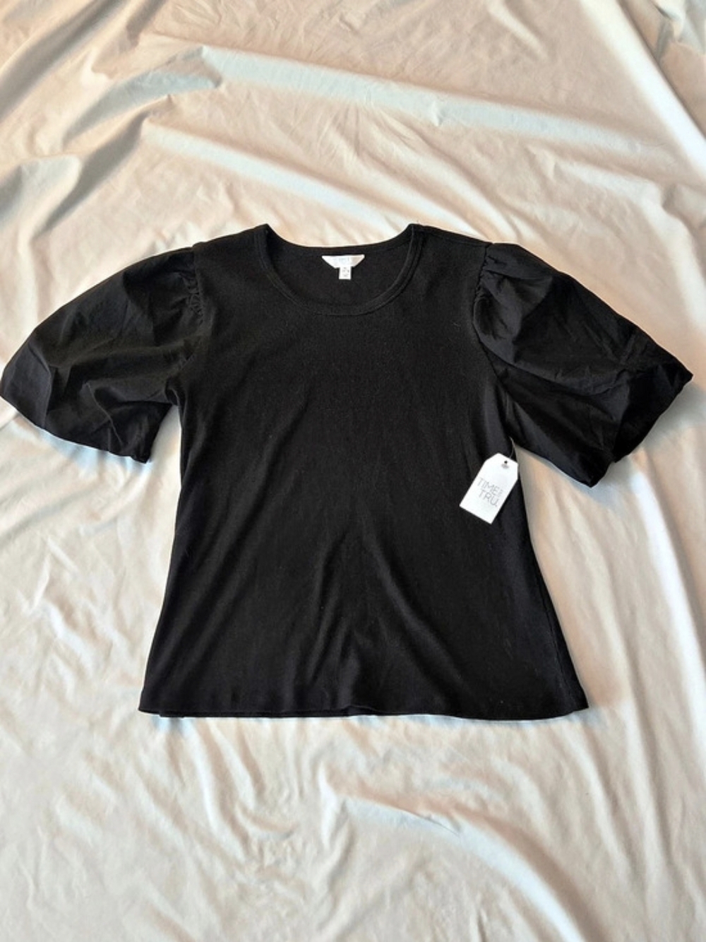 Time and Tru Puff Sleeve Ribbed Top in Black Size XL NWT